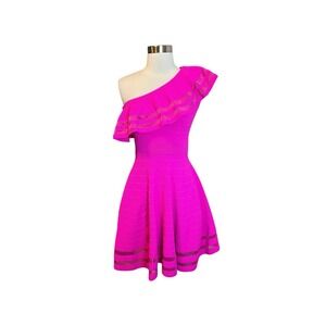TED BAKER Streena Dress Size 2 Pink Knitted Ruffle One Shoulder